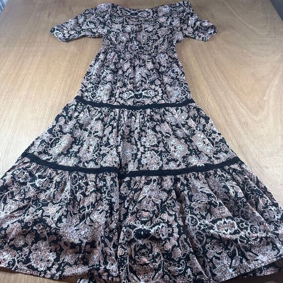 BB Dakota Steve Madden Boho Paisley Tiered Midi Dress Black Pink Sz Small - Picture 2 of 5
